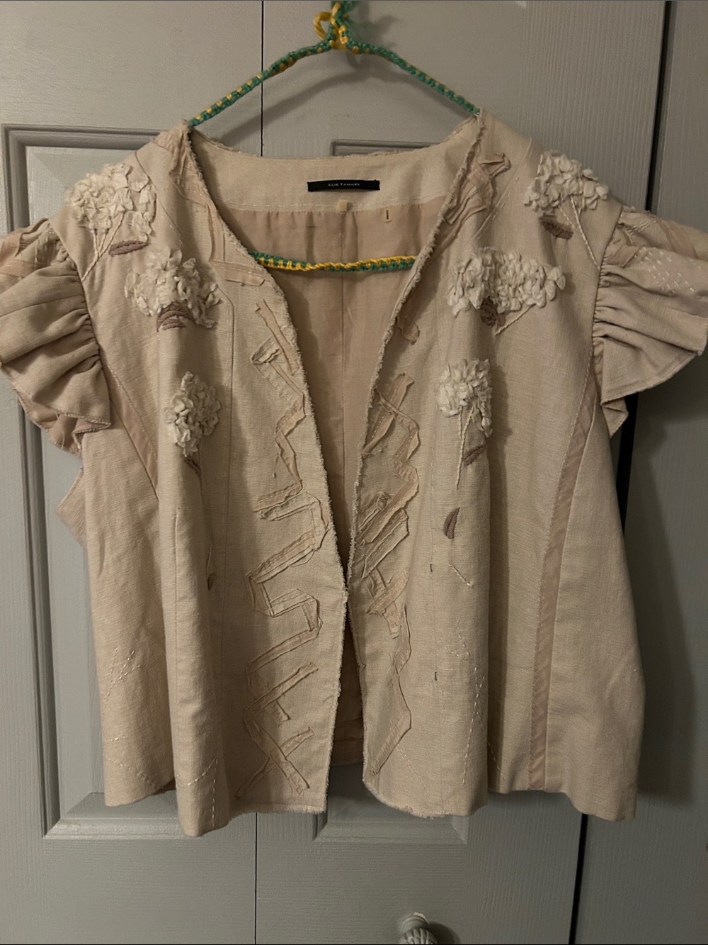 Vintage Elie Tahari Artisanal Bolero w  Cream Appliqués, Embroidery, sz L, lined